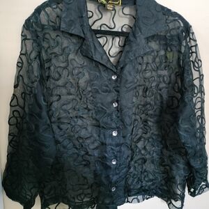 Mirasol Black Sheer Silk Textured Button Blouse L Party Holiday See Description